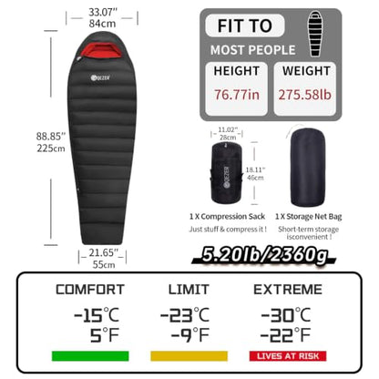 0°F Down Sleeping Bag for Cold Weather Camping