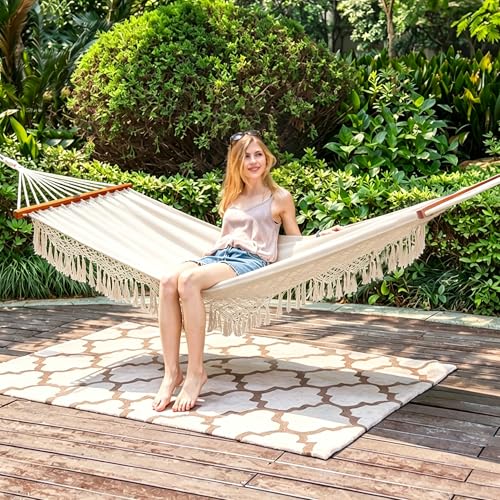 Cotton Double Hammock with Spreader Bar for Outdoors