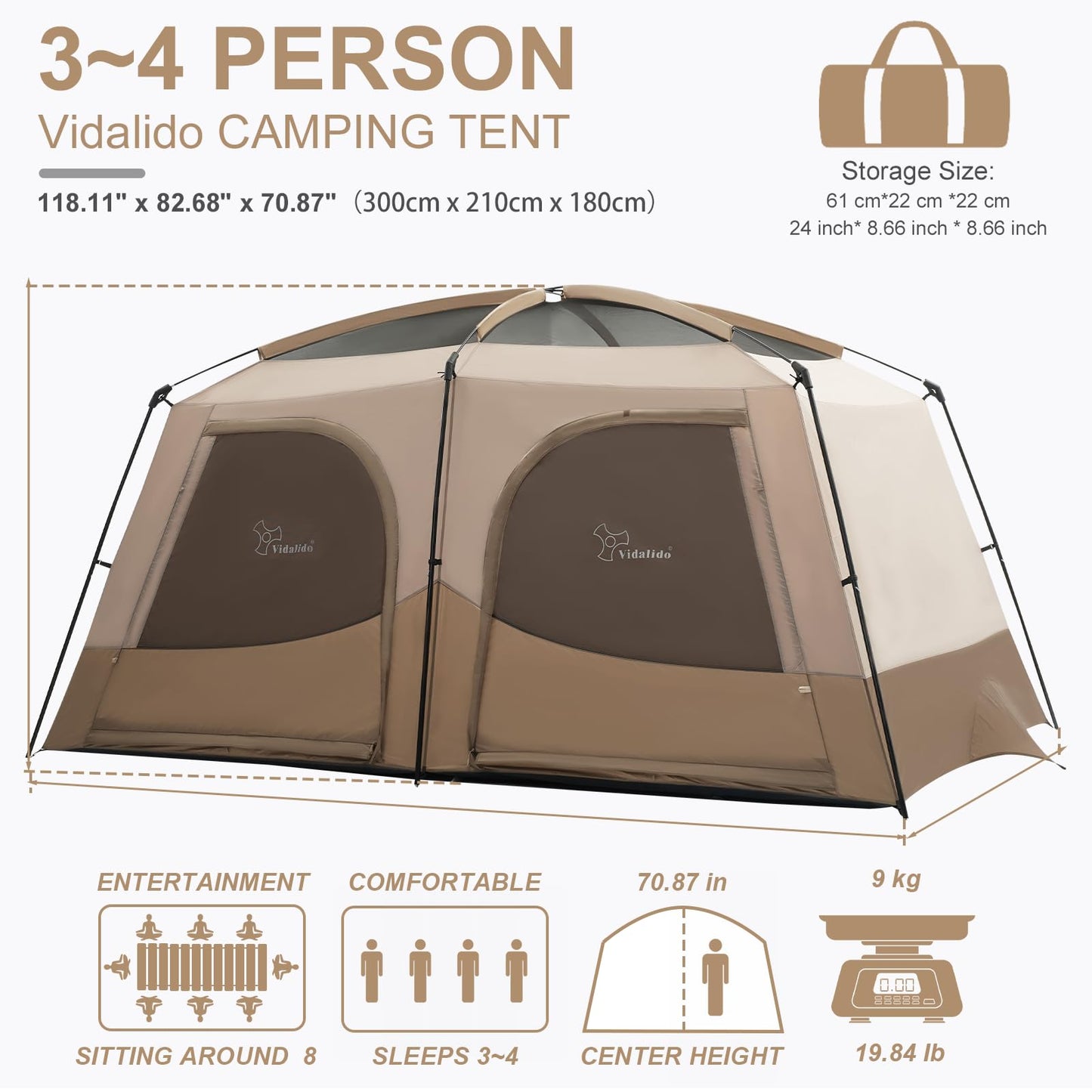3-4 Person Waterproof Camping Tent with Vestibule