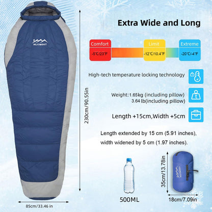 Down Sleeping Bag with Pillow for Camping and Hiking
