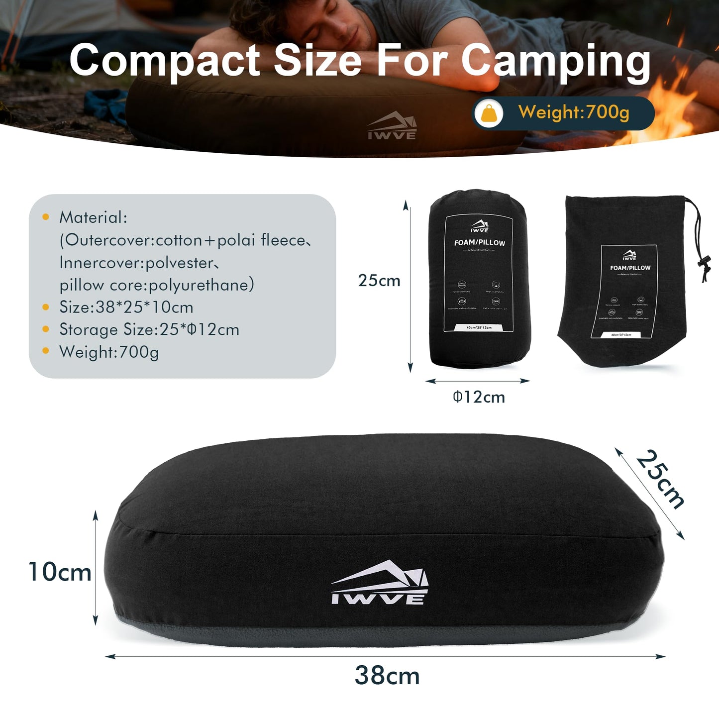 Memory Foam Camping Pillow for Travel and Hiking