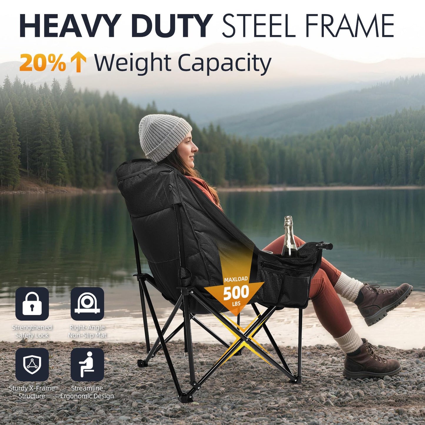 Oversized Heavy Duty Padded Camping Chair with Cooler